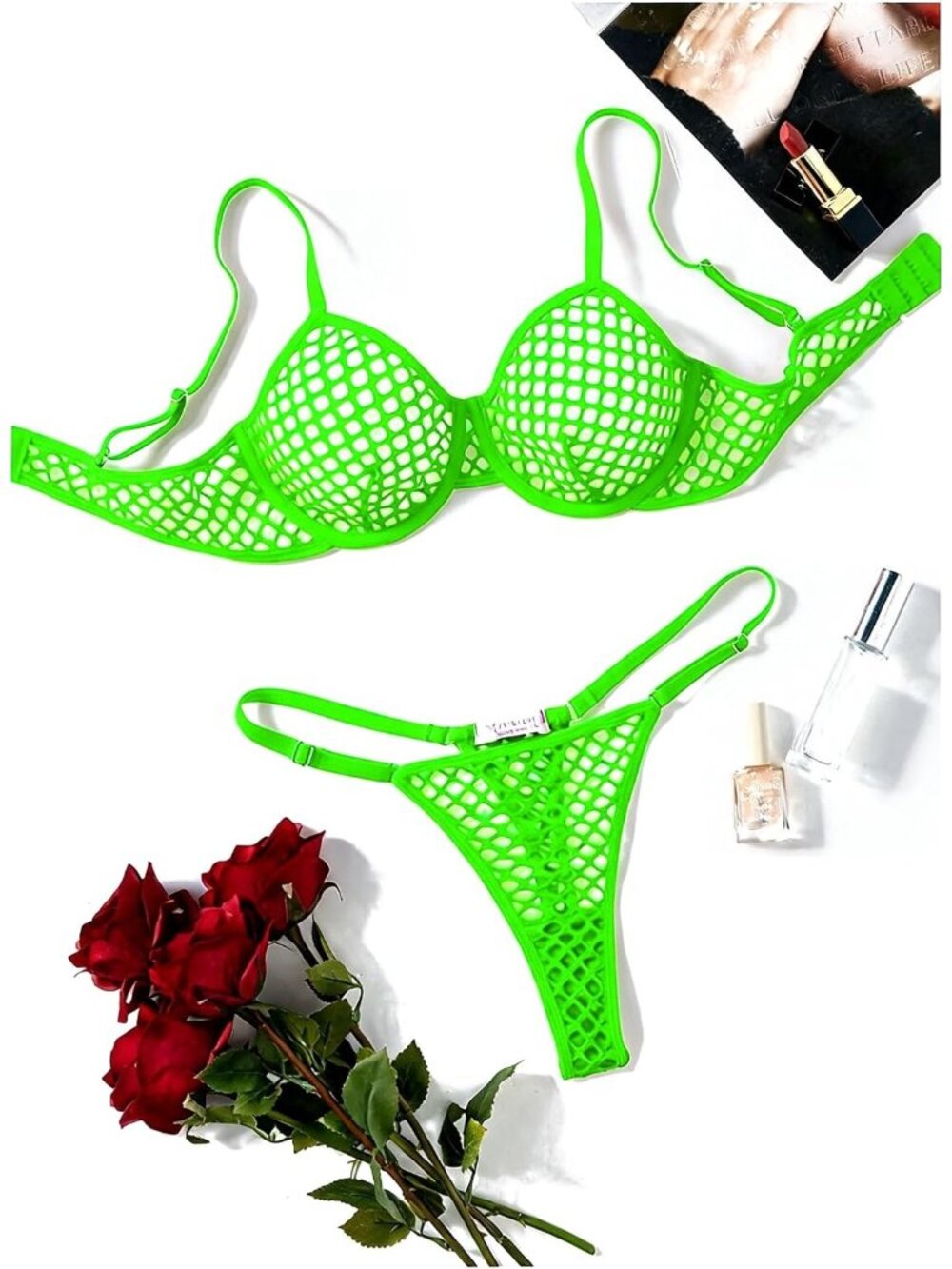 Women's Green Adjustable Strap Fishnet Push Up Bra & Thong Underwear 2 Piece Set